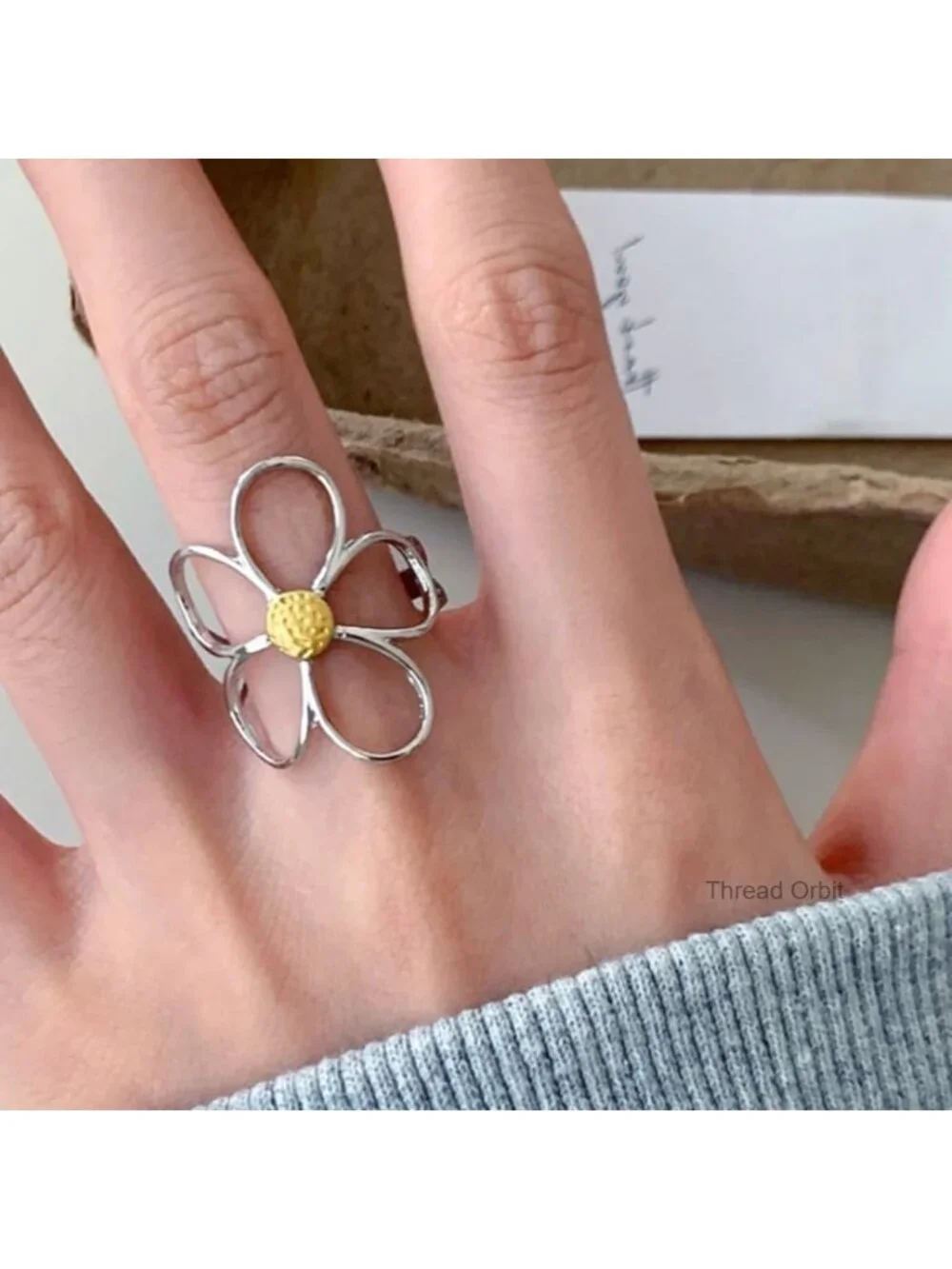 Adjustable Chunky Hollow Flower Stainless Steel Ring for Women
